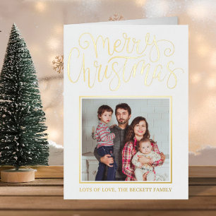 Trendy Typography "Merry Christmas" Photo Real Foil Holiday Card
