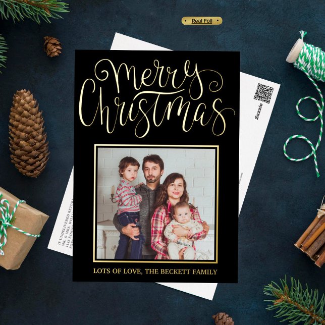 Trendy Typography "Merry Christmas" Photo Real Foil Holiday Postcard (Creator Uploaded)