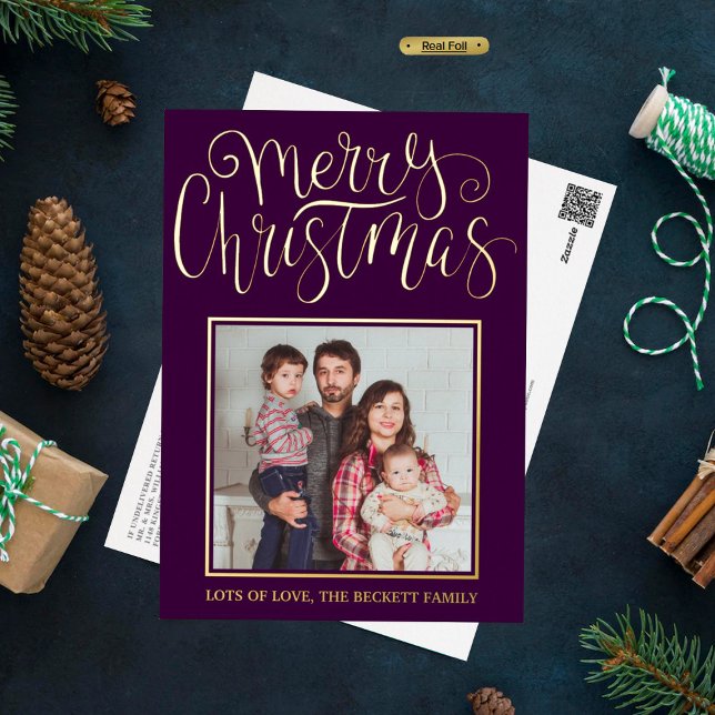 Trendy Typography "Merry Christmas" Photo Real Foil Holiday Postcard (Creator Uploaded)