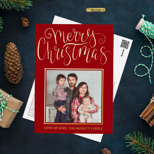 Trendy Typography "Merry Christmas" Photo Real Foil Holiday Postcard