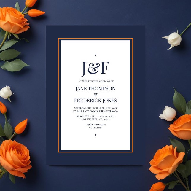 Trendy Typography Navy and Orange Wedding Invitation (Navy and orange wedding)