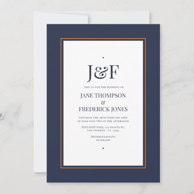 Trendy Typography Navy and Orange Wedding Invitation (Front)