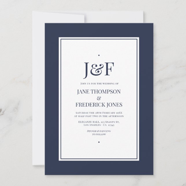 Trendy Typography Navy and White Wedding Invitation (Front)