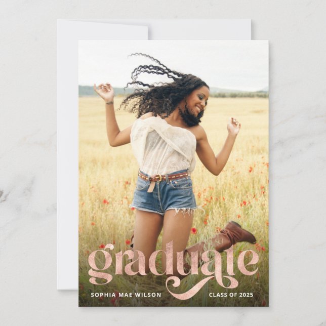 Trendy Typography Rose Gold Overlay Grad Party Invitation (Front)