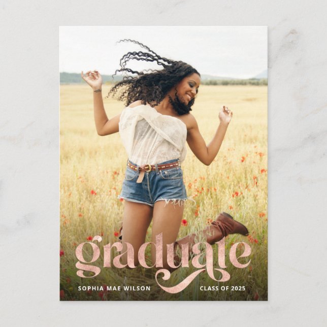 Trendy Typography Rose Gold Overlay Photo Graduate Postcard (Front)