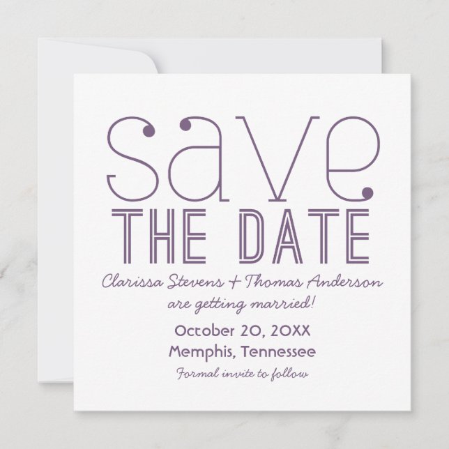 Trendy Typography Save the Date Invite, Purple Invitation (Front)