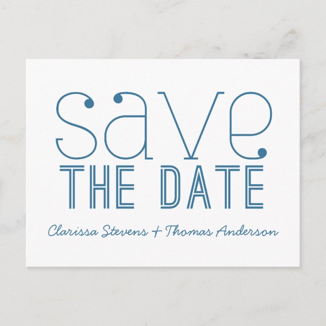 Trendy Typography Save the Date Postcard, Blue Announcement Postcard (Front)