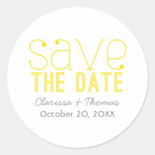 Trendy Typography Save the Date Stickers, Yellow Classic Round Sticker