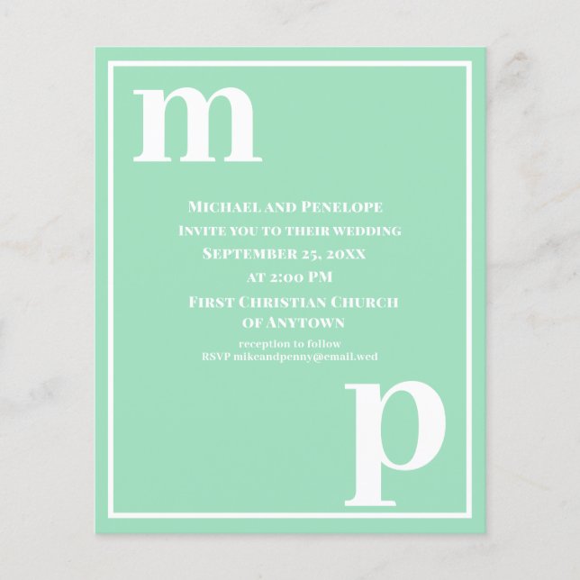 Trendy Typography Seafoam Green Budget Wedding Flyer (Front)