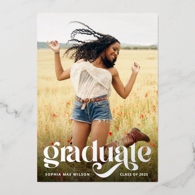 Trendy Typography Silver Foil Photo Grad Party (Front)