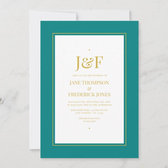 Trendy Typography Teal and Gold Wedding Invitation (Front)