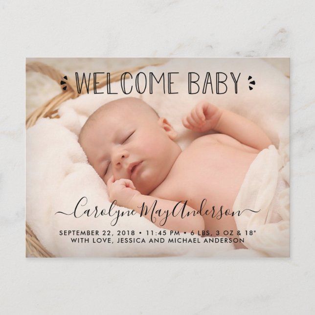 Trendy Typography "Welcome Baby" Photo Announcement Postcard (Front)