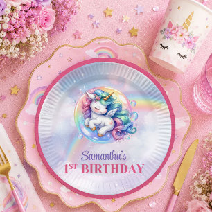 Trendy Unicorn Pink Purple Girl Birthday Paper Pla Plate