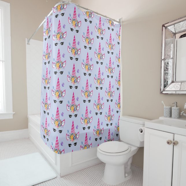 Trendy Unicorn with Floral Crown & Butterflies Shower Curtain (In Situ)