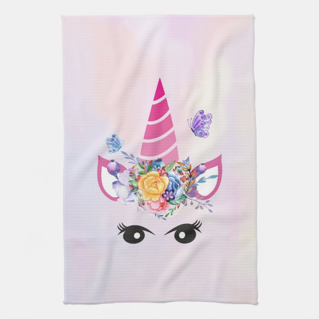 Trendy Unicorn with Floral Crown & Butterflies Tea Towel (Vertical)