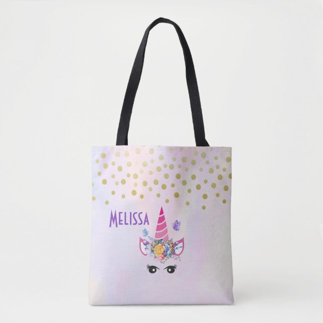 Trendy Unicorn with Flowers Butterflies & Confetti Tote Bag (Front)