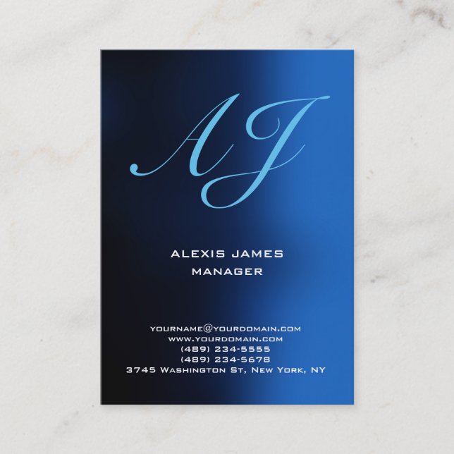 Trendy unique blue vertical handwriting monogram business card (Front)