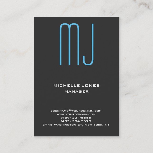 Trendy unique grey blue professional monogram business card (Front)