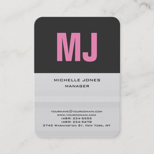 Trendy unique grey professional monogram business card (Front)