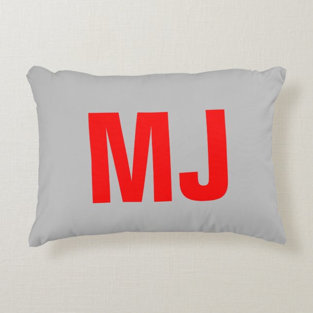 Trendy unique grey red bold monogram name initials decorative cushion (Front)