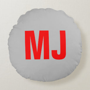 Trendy unique grey red bold monogram name initials round cushion