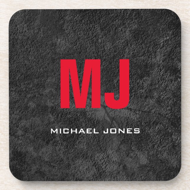 Trendy unique grey red monogram your name coaster (Front)