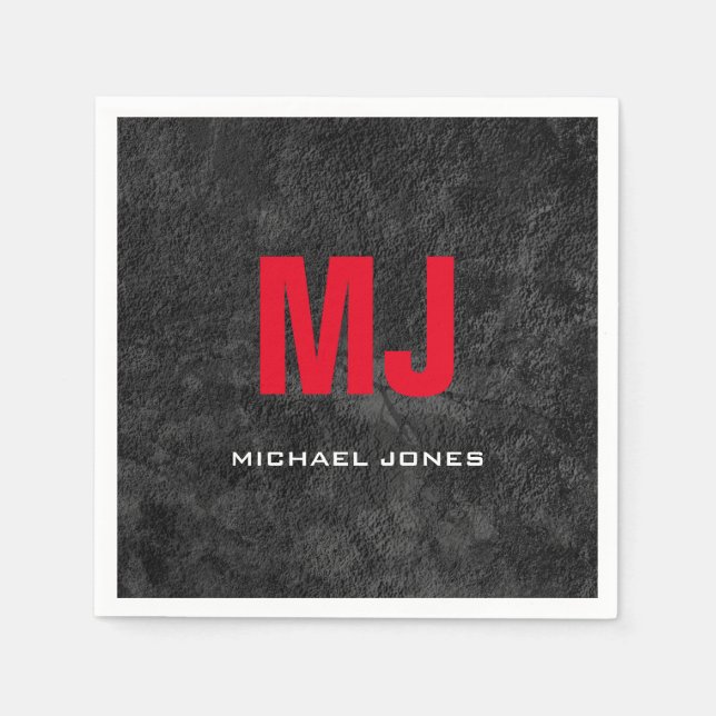 Trendy unique grey red monogram your name napkin (Front)