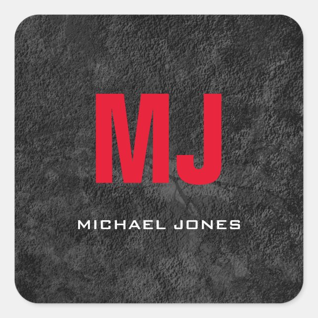 Trendy unique grey red monogram your name square sticker (Front)