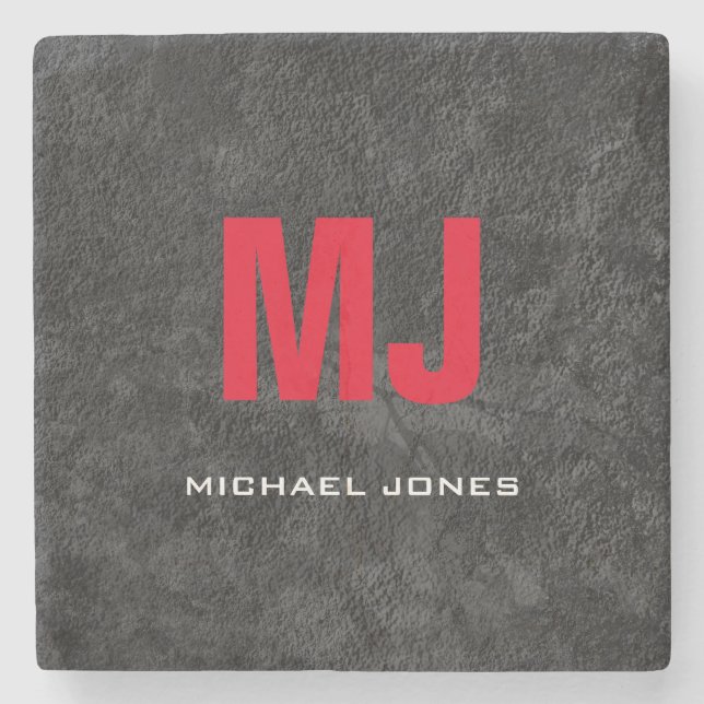 Trendy unique grey red monogram your name stone coaster (Front)
