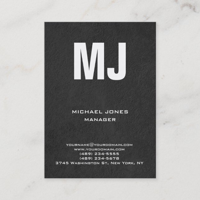 Trendy unique grey vertical huge monogram business card (Front)