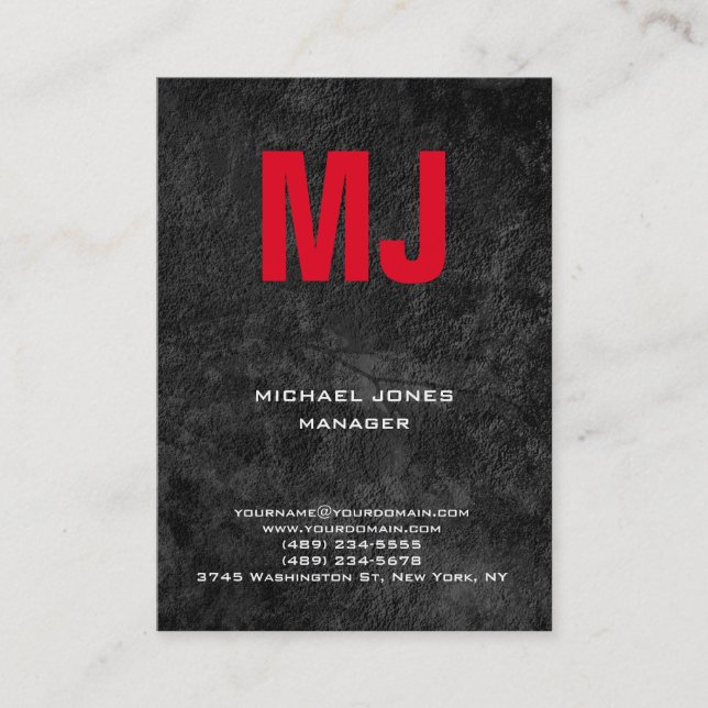 Trendy unique grey vertical huge red monogram business card (Front)