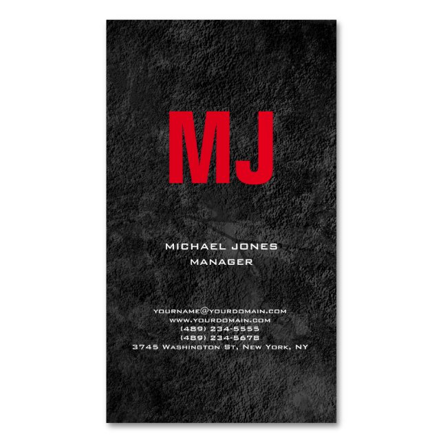 Trendy unique grey vertical huge red monogram magnetic business card (Front Vertical)