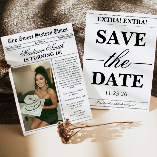 Trendy Unique Newspaper Photo Sweet 16 Invitation (Creator Uploaded)