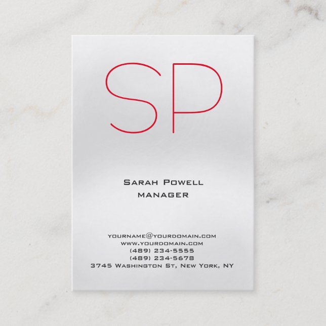 Trendy unique plain simple grey red monogram business card (Front)