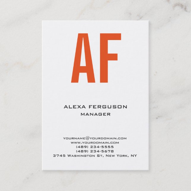 Trendy unique plain simple orange white monogram business card (Front)