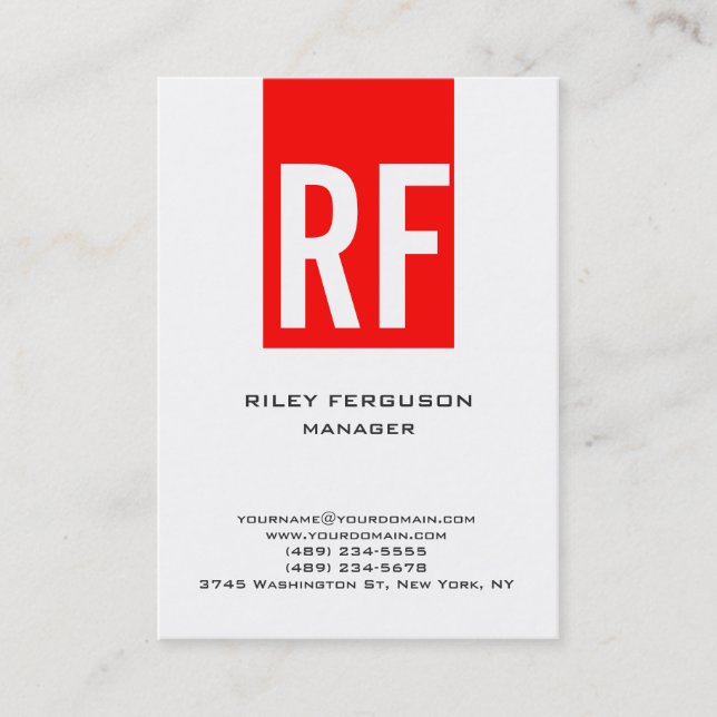 Trendy unique plain simple red white monogram business card (Front)