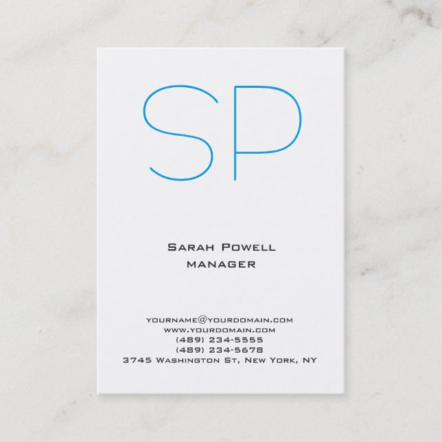 Trendy unique plain simple white blue monogram business card (Front)