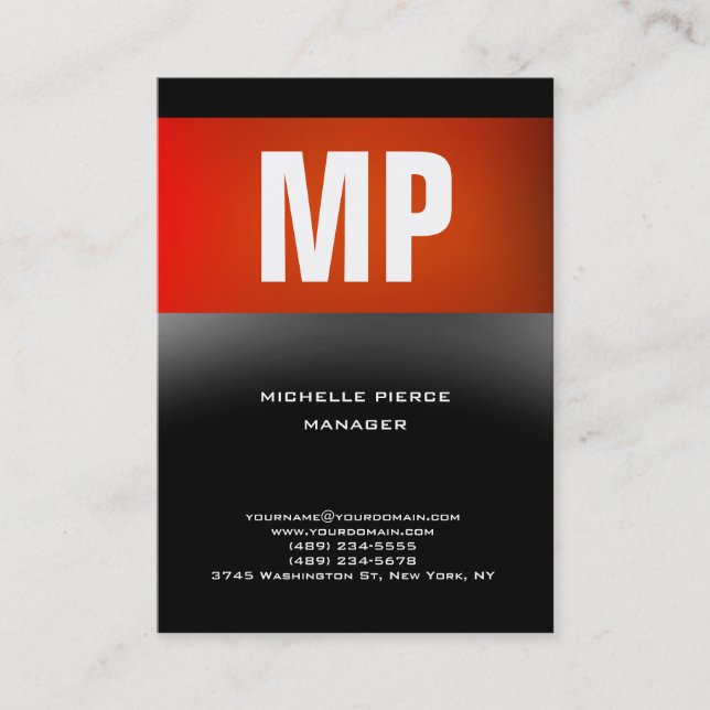 Trendy unique red grey vertical huge monogram business card (Front)