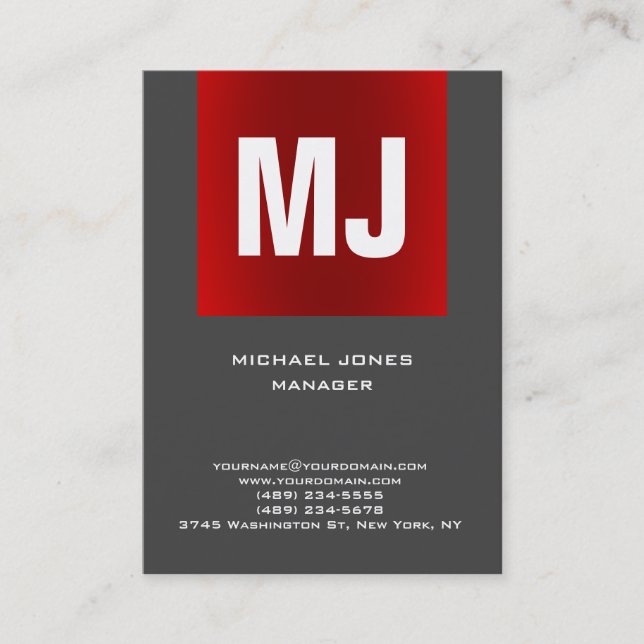 Trendy unique red grey vertical huge monogram business card (Front)