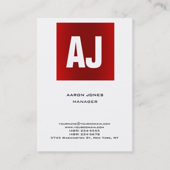 Trendy unique red white vertical huge monogram business card (Front)