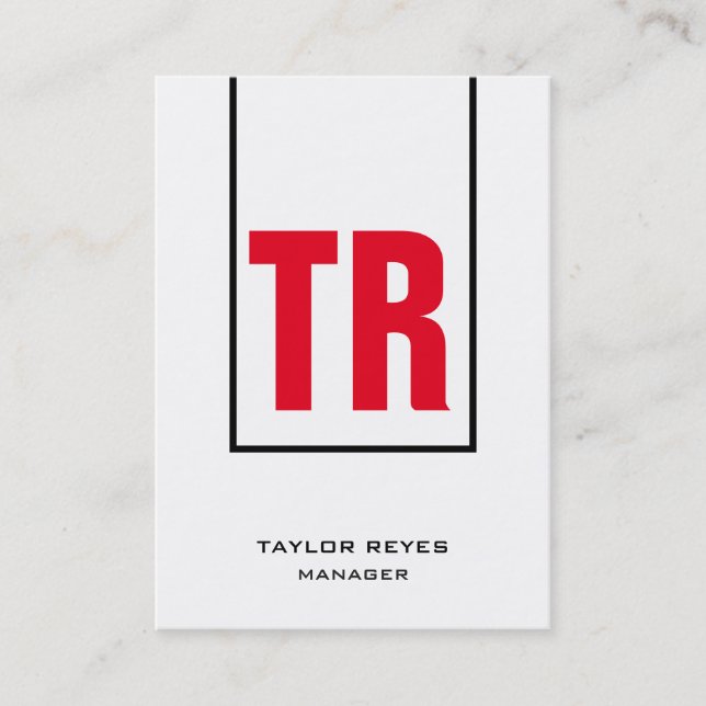 Trendy unique red white vertical monogram business card (Front)