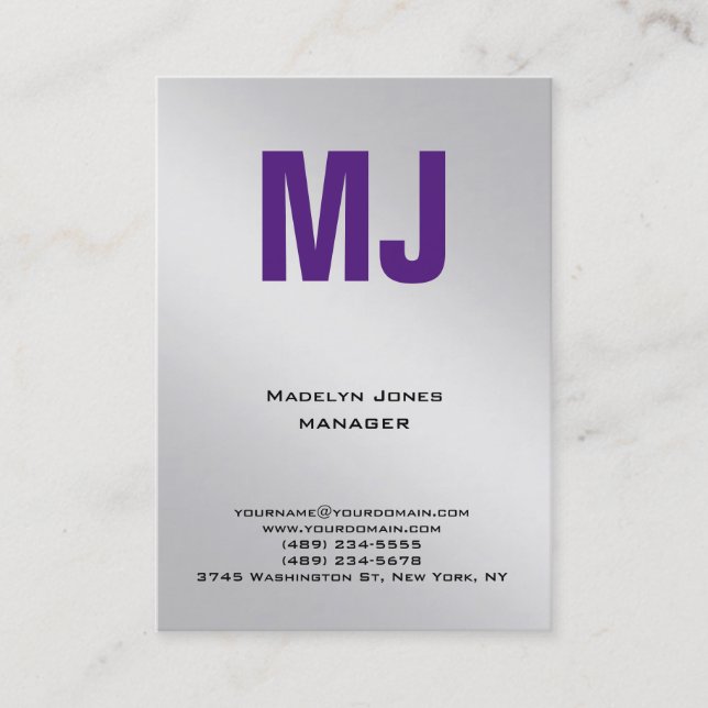 Trendy unique silver grey professional monogram business card (Front)