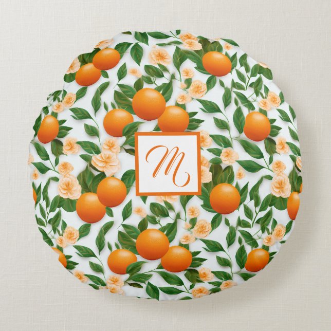 Trendy Valencia Orange Monogrammed  Round Cushion (Front)
