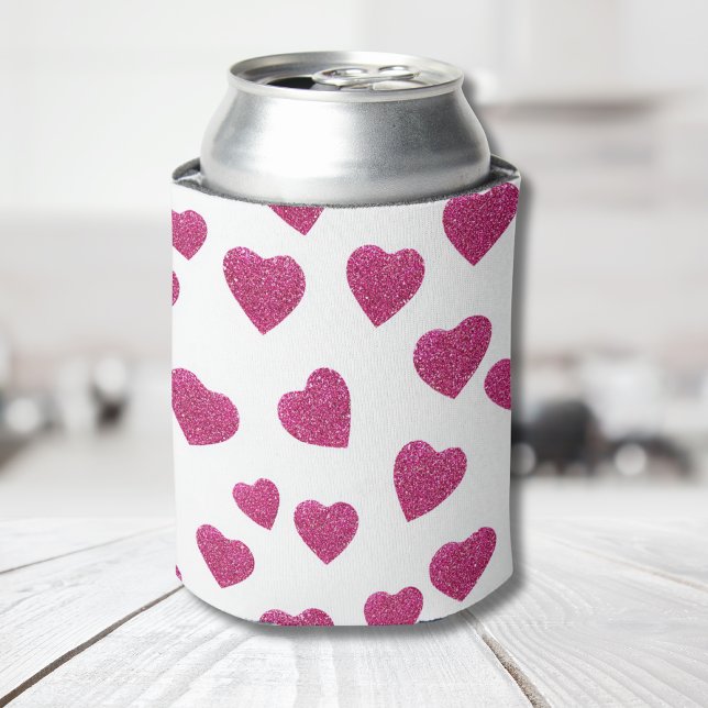 Trendy Valentine Pink Glitter Hearts on White Can Cooler (Creator Uploaded)
