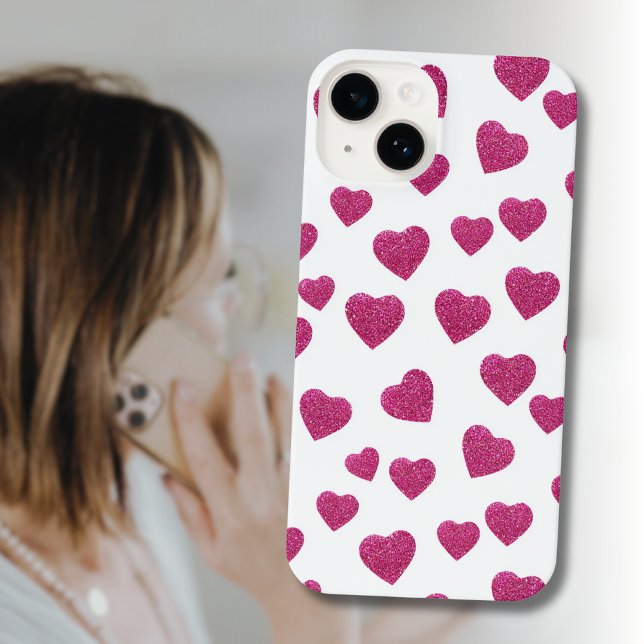 Trendy Valentine Pink Glitter Hearts on White iPhone Case (Creator Uploaded)