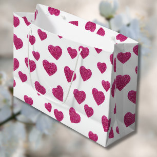 Trendy Valentine Pink Glitter Hearts on White Large Gift Bag