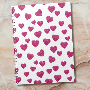 Trendy Valentine Pink Glitter Hearts on White Notebook