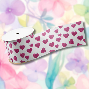 Trendy Valentine Pink Glitter Hearts on White Satin Ribbon