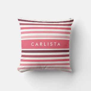 Trendy Variegated Stripes With Name in Coral Pink Cushion