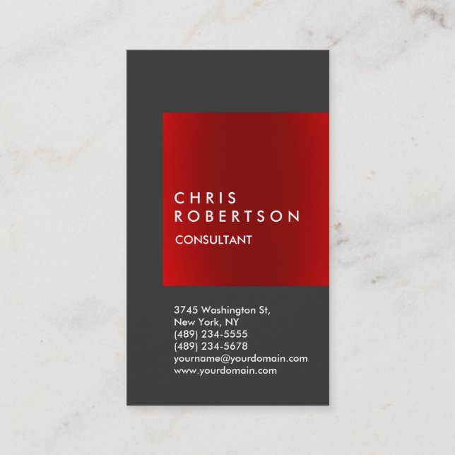 Trendy Vertical Grey Red Stripe Business Card (Front)